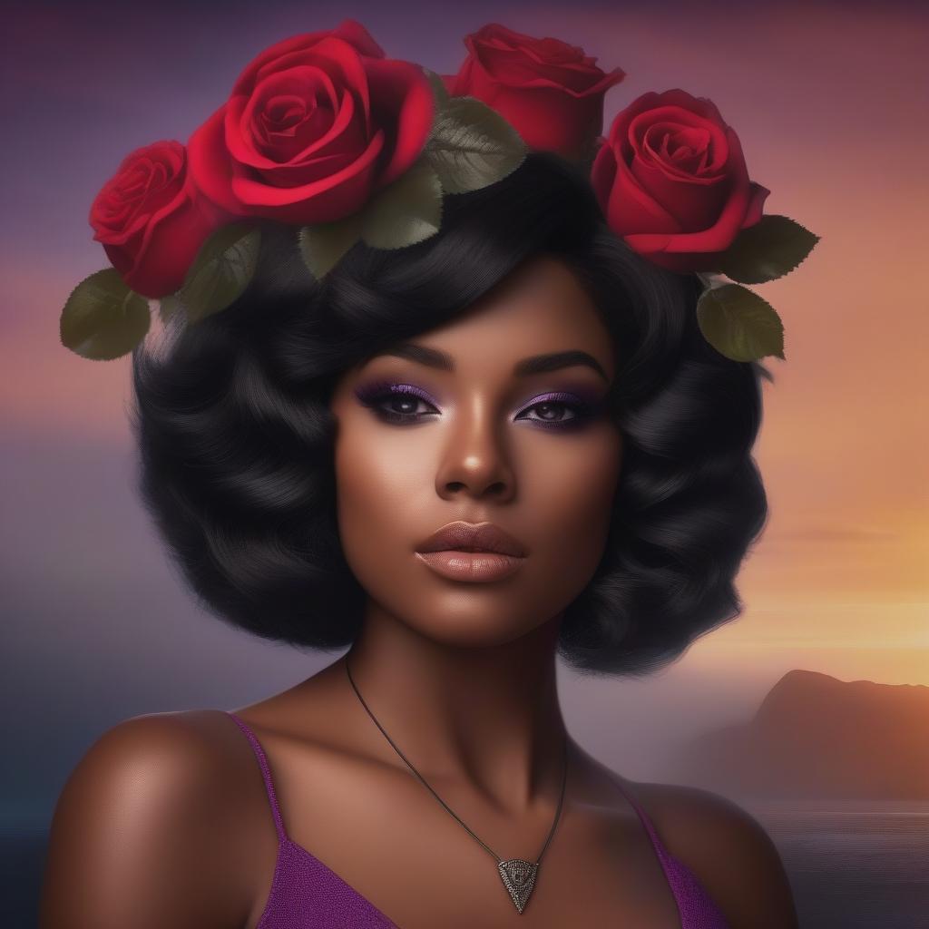  dark skin curvy woman with short black hair violet eyes medium-sized chest with violet rose tattoo covering chest body, ((masterpiece)), best quality, very detailed, high resolution, sharp, sharp image, extremely detailed, 4k, 8k