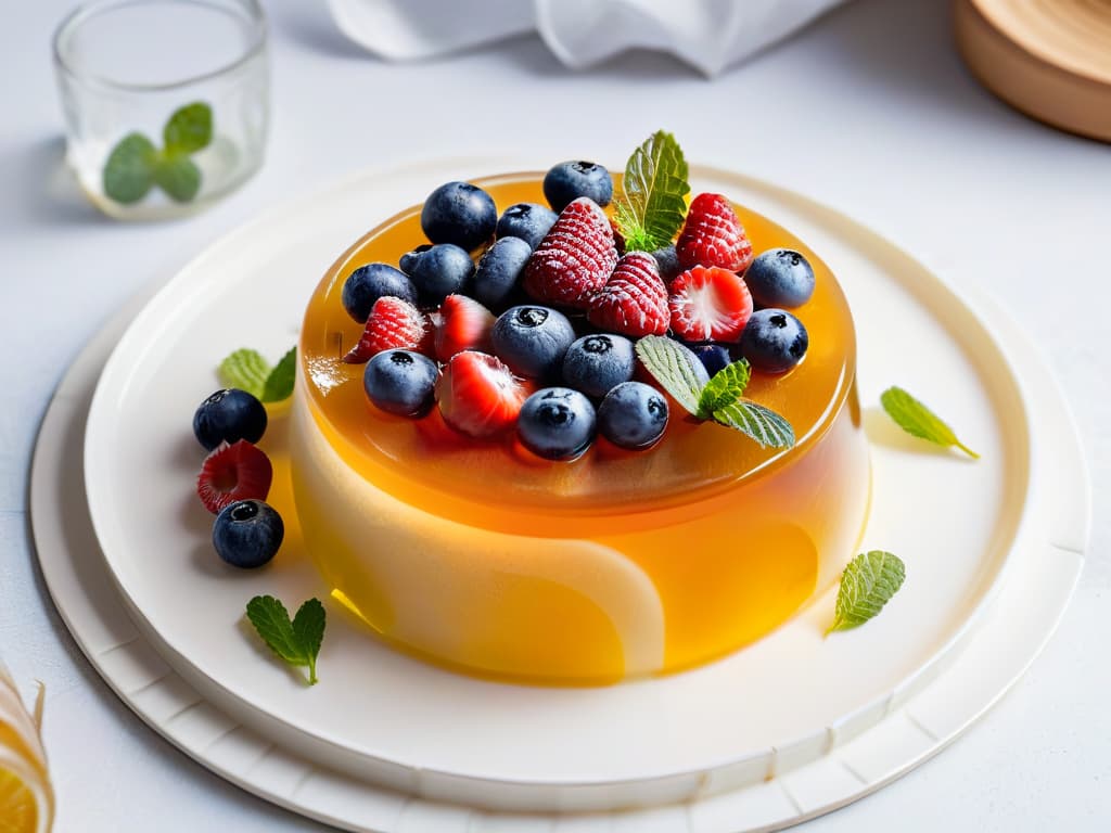  A closeup, photorealistic image of a vibrant and intricately detailed agar agar jelly dessert, delicately garnished with fresh berries, mint leaves, and a drizzle of honey on a modern, minimalist plate. The jelly is perfectly set, showcasing a beautiful translucent texture that glistens under soft, natural lighting, emphasizing its plantbased origins and enticing appeal for vegan and healthconscious dessert enthusiasts. The background features a blurred kitchen setting, adding a touch of sophistication and culinary inspiration to the image. hyperrealistic, full body, detailed clothing, highly detailed, cinematic lighting, stunningly beautiful, intricate, sharp focus, f/1. 8, 85mm, (centered image composition), (professionally color graded), ((bright soft diffused light)), volumetric fog, trending on instagram, trending on tumblr, HDR 4K, 8K