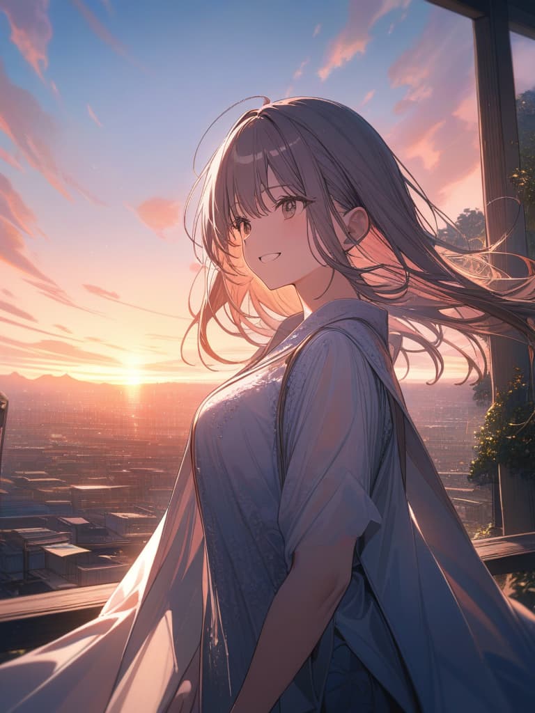  The background is the city of the city, the sky is the sky, the sunset is looking a little, the woman is smiling, looking at it, the whole body, the clothes is one piece, masterpiece, best quality,8k,ultra detailed,high resolution,an extremely delicate and beautiful,hyper detail