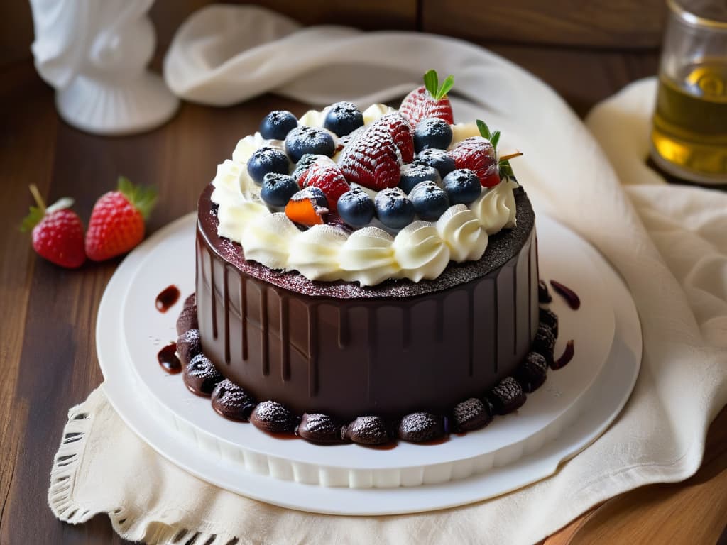  A closeup, photorealistic image of a beautifully styled dessert plate featuring a decadent chocolate cake drizzled with premium balsamic vinegar reduction, alongside a dollop of freshly whipped cream and a garnish of fresh berries. The glossy glaze on the cake reflects the light, highlighting the intricate swirls of the vinegar reduction, while the vibrant colors of the berries pop against the rich chocolate backdrop. Each element is meticulously arranged to create an enticing and visually stunning composition that exudes luxury and sophistication, perfect for capturing the essence of highquality vinegar brands in pastry making. hyperrealistic, full body, detailed clothing, highly detailed, cinematic lighting, stunningly beautiful, intricate, sharp focus, f/1. 8, 85mm, (centered image composition), (professionally color graded), ((bright soft diffused light)), volumetric fog, trending on instagram, trending on tumblr, HDR 4K, 8K