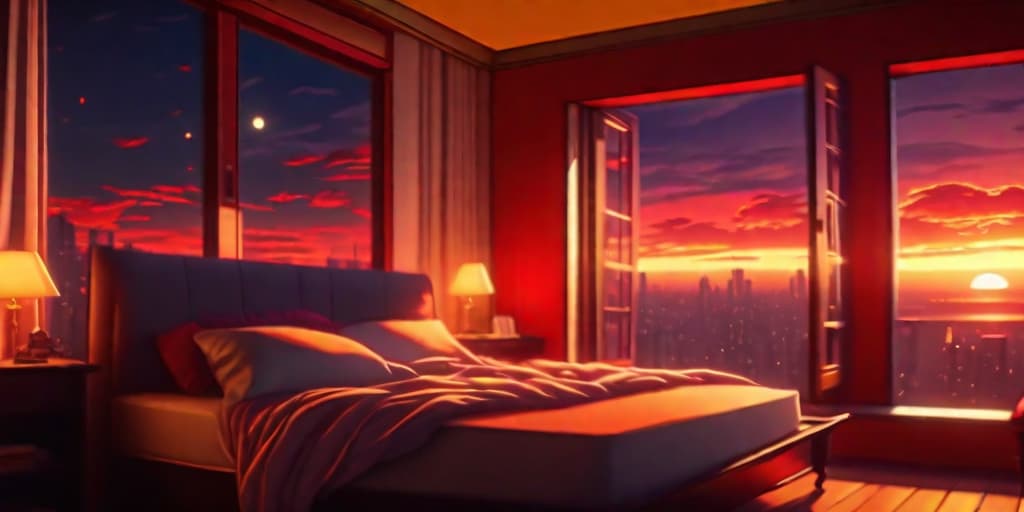  anime 4k. cinematic hd. luxurious bedroom, plush bed with cool sheets, fiery hues of the setting sun through the window, crimson and gold streaks in the sky