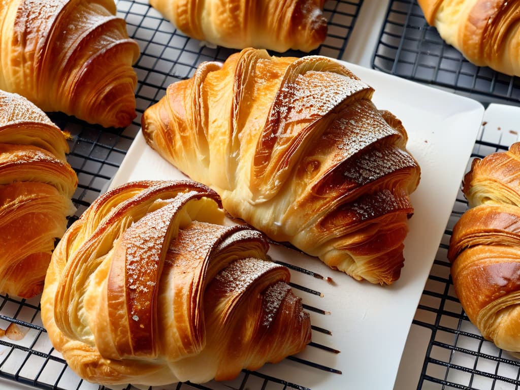  An ultradetailed closeup shot of a perfectly goldenbrown, flaky croissant, freshly baked and cooling on a wire rack. The delicate layers of the pastry glisten in the soft natural light, showcasing the craftsmanship and skill required to create such a delectable treat. Each buttery fold is visible, inviting the viewer to appreciate the artistry of baking and inspiring them to consider the value of online certifications in the art of bakery and pastry. hyperrealistic, full body, detailed clothing, highly detailed, cinematic lighting, stunningly beautiful, intricate, sharp focus, f/1. 8, 85mm, (centered image composition), (professionally color graded), ((bright soft diffused light)), volumetric fog, trending on instagram, trending on tumblr, HDR 4K, 8K