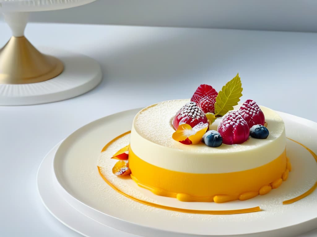  A closeup, ultrahighresolution image of a delicately plated dessert masterpiece, showcasing intricate layers of vibrant colors and textures meticulously arranged on a sleek, modern, white plate. The dessert features a symphony of contrasting elements like glossy fruit glazes, delicate edible flowers, shimmering gold leaf accents, and meticulously piped swirls of cream, all set against a stark, minimalist backdrop that accentuates the artistry and precision of the dessert presentation. The image captures the essence of modern dessert design with a focus on aesthetic appeal and sensory delight. hyperrealistic, full body, detailed clothing, highly detailed, cinematic lighting, stunningly beautiful, intricate, sharp focus, f/1. 8, 85mm, (centered image composition), (professionally color graded), ((bright soft diffused light)), volumetric fog, trending on instagram, trending on tumblr, HDR 4K, 8K