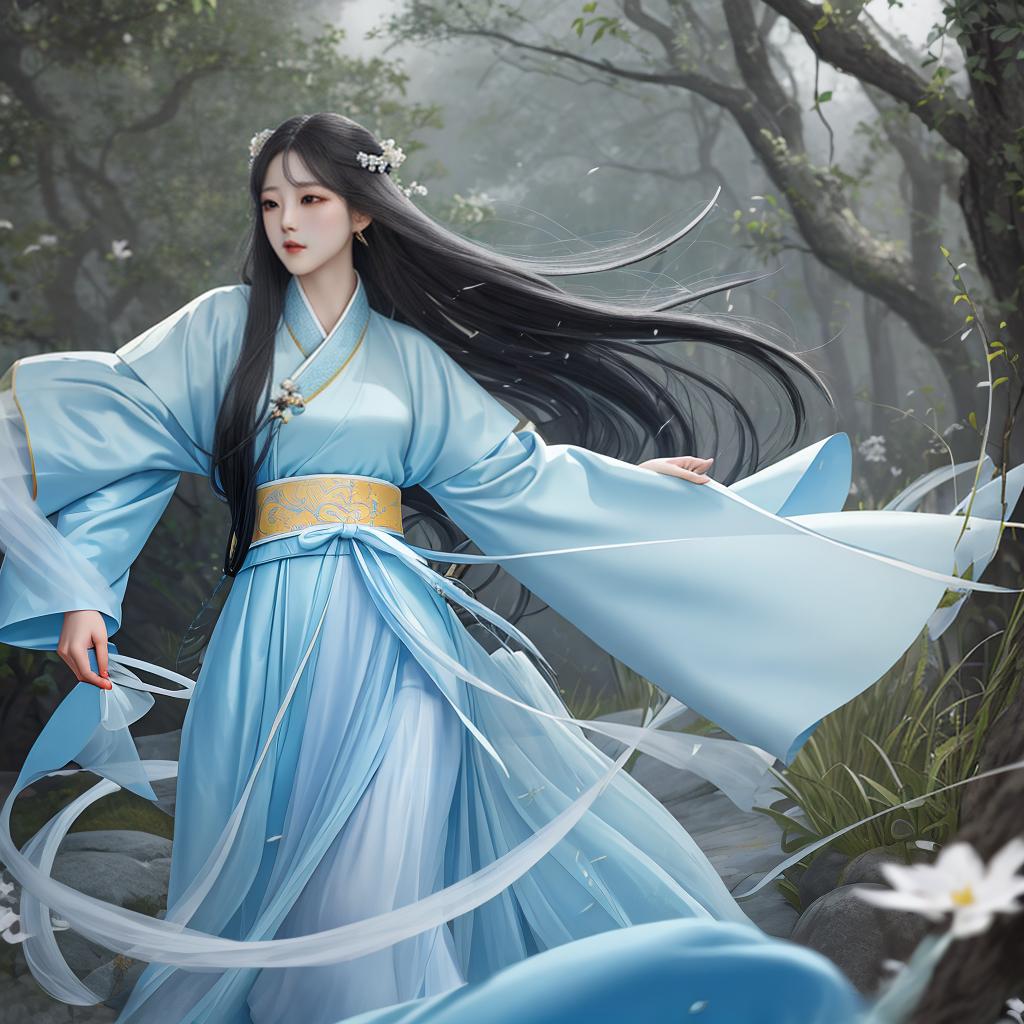  masterpiece, best quality, (fidelity:1.4), best quality, masterpiece, ultra high resolution, poster, fantasy art, very detailed face, 8k resolution, chinese style, a tall woman, passion, light blue hanfu, tulle coat, long black hair, movie lighting effects