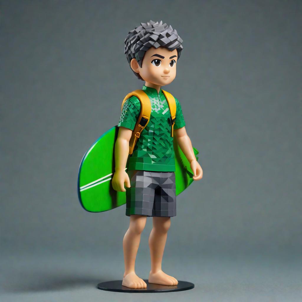  A short haired little boy named Mak, Mak is wearing dark gray shorts and a green short sleeved top, surfing style pixel ART hyperrealistic, full body, detailed clothing, highly detailed, cinematic lighting, stunningly beautiful, intricate, sharp focus, f/1. 8, 85mm, (centered image composition), (professionally color graded), ((bright soft diffused light)), volumetric fog, trending on instagram, trending on tumblr, HDR 4K, 8K