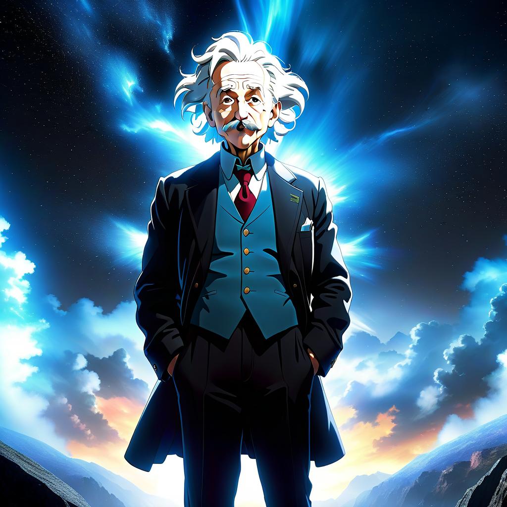  anime artwork Albert Einstein . anime style, key visual, vibrant, studio anime, highly detailed hyperrealistic, full body, detailed clothing, highly detailed, cinematic lighting, stunningly beautiful, intricate, sharp focus, f/1. 8, 85mm, (centered image composition), (professionally color graded), ((bright soft diffused light)), volumetric fog, trending on instagram, trending on tumblr, HDR 4K, 8K