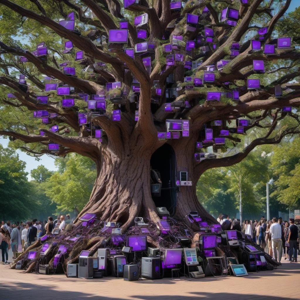  A gnarled tree with many laptops and phones growing on it, there are a lot of people looking at these laptops, the tree has grown many cellphones and purple coins, many people are looking at laptops and cellphones around the tree. hyperrealistic, full body, detailed clothing, highly detailed, cinematic lighting, stunningly beautiful, intricate, sharp focus, f/1. 8, 85mm, (centered image composition), (professionally color graded), ((bright soft diffused light)), volumetric fog, trending on instagram, trending on tumblr, HDR 4K, 8K