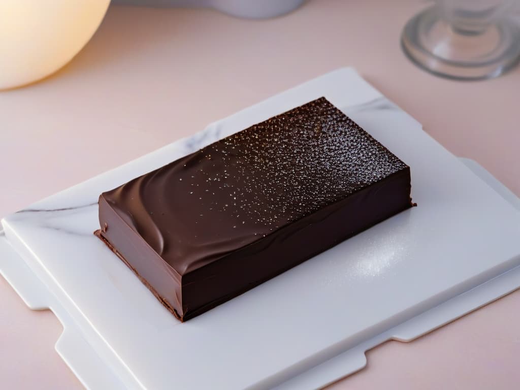  A mesmerizing image of a dark chocolate bar placed on a sleek, modern marble countertop. The chocolate bar is partially unwrapped, revealing its rich, glossy texture and a sprinkle of sea salt flakes on top. The lighting is soft, casting a gentle glow on the decadent treat, creating a luxurious and indulgent ambiance. hyperrealistic, full body, detailed clothing, highly detailed, cinematic lighting, stunningly beautiful, intricate, sharp focus, f/1. 8, 85mm, (centered image composition), (professionally color graded), ((bright soft diffused light)), volumetric fog, trending on instagram, trending on tumblr, HDR 4K, 8K