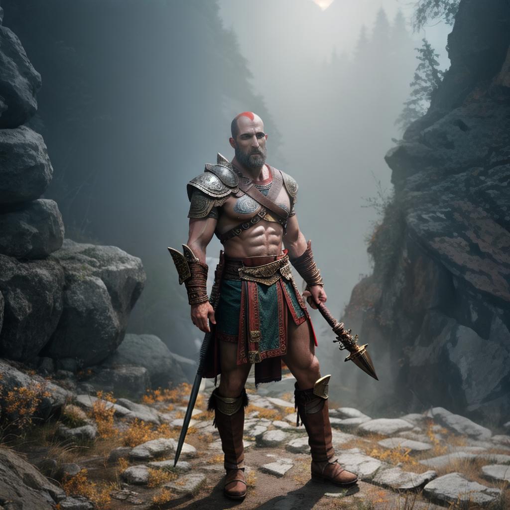  God of war hyperrealistic, full body, detailed clothing, highly detailed, cinematic lighting, stunningly beautiful, intricate, sharp focus, f/1. 8, 85mm, (centered image composition), (professionally color graded), ((bright soft diffused light)), volumetric fog, trending on instagram, trending on tumblr, HDR 4K, 8K