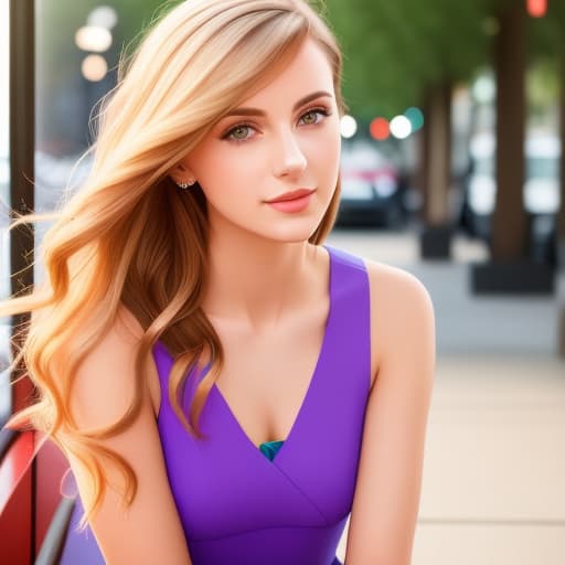  photo of young woman, highlight hair, sitting outside restaurant, wearing dress, rim lighting, studio lighting, looking at the camera