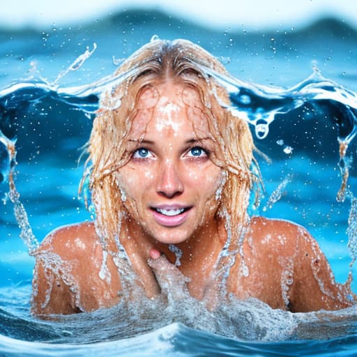  tanned blonde woman's face drowning in the water she's panic a lot of water waves and splashes around her