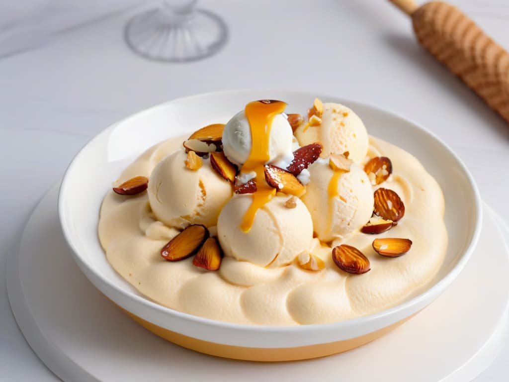  A closeup, ultradetailed image of a scoop of creamy turrón ice cream, perfectly round and smooth, topped with crushed almonds and a drizzle of honey, all sitting on a sleek, minimalistic white ceramic bowl. The ice cream glistens slightly under a soft natural light, showcasing its rich texture and inviting presentation. hyperrealistic, full body, detailed clothing, highly detailed, cinematic lighting, stunningly beautiful, intricate, sharp focus, f/1. 8, 85mm, (centered image composition), (professionally color graded), ((bright soft diffused light)), volumetric fog, trending on instagram, trending on tumblr, HDR 4K, 8K