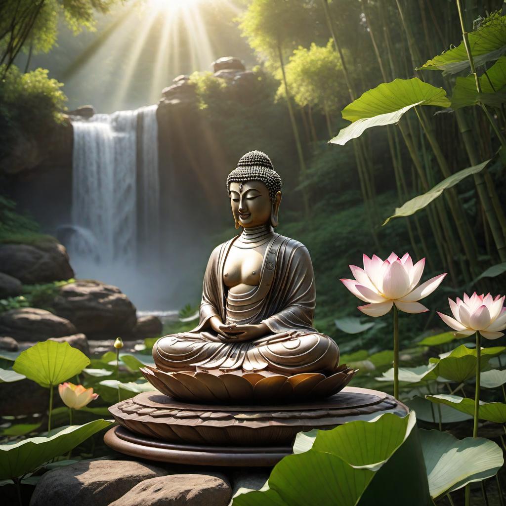  A tranquil Buddha scenery set in a peaceful outdoor setting. The Buddha statue is seated in a meditative posture on a raised platform surrounded by beautiful lotus flowers and soft grass. A small, gentle waterfall cascades nearby, creating a soothing sound. The background features a quiet bamboo forest, with sunlight filtering through the leaves, casting a warm and calming glow over the area. Incense smoke wafts softly through the air, adding to the serene and spiritual atmosphere of the setting. hyperrealistic, full body, detailed clothing, highly detailed, cinematic lighting, stunningly beautiful, intricate, sharp focus, f/1. 8, 85mm, (centered image composition), (professionally color graded), ((bright soft diffused light)), volumetric fog, trending on instagram, trending on tumblr, HDR 4K, 8K