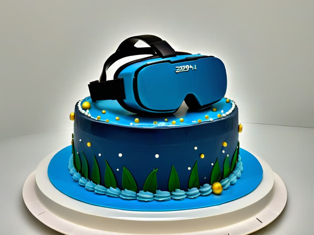  A minimalist and visually striking image of a virtual reality headset delicately perched on top of a perfectly baked and decorated cake. The headset reflects a futuristic digital world, while the cake exudes traditional baking excellence, symbolizing the harmonious blend of technology and culinary artistry in the realm of virtual reality baking competitions. The composition is sleek, with a focus on clean lines and contrasting textures, creating a captivating visual metaphor for the future of pastrymaking skills. hyperrealistic, full body, detailed clothing, highly detailed, cinematic lighting, stunningly beautiful, intricate, sharp focus, f/1. 8, 85mm, (centered image composition), (professionally color graded), ((bright soft diffused light)), volumetric fog, trending on instagram, trending on tumblr, HDR 4K, 8K