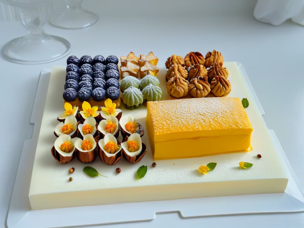  An ultradetailed image of a delicate assortment of sugarfree pastries and desserts made with nuts, elegantly arranged on a sleek, modern serving platter. Each treat is intricately decorated with finely chopped nuts and edible flowers, showcasing a perfect balance of artistry and healthconscious indulgence. The pastries glisten under soft, natural light, highlighting their textures and colors against a pristine, minimalist backdrop. hyperrealistic, full body, detailed clothing, highly detailed, cinematic lighting, stunningly beautiful, intricate, sharp focus, f/1. 8, 85mm, (centered image composition), (professionally color graded), ((bright soft diffused light)), volumetric fog, trending on instagram, trending on tumblr, HDR 4K, 8K