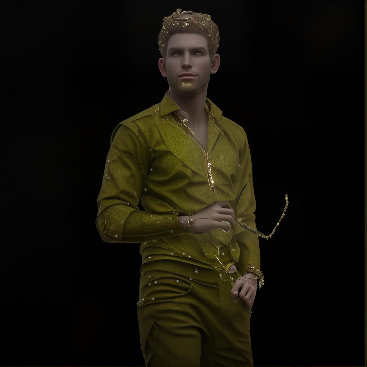 mdjrny-v4 style Generate a detailed Fantasy style avatar of a magical male elf with long, pointed ears. The character exudes a magical and mysterious charm, with distinct and elegant features that reflect his otherworldly nature. His attire is regal and adorned with intricate elven designs, such as flowing robes made from enchanting fabrics or armor embellished with nature inspired motifs. The elf's hair is long and lustrous, styled in elaborate braids or adorned with ornaments like leaves or crystals. His eyes sparkle with magical wisdom, and his expression is calm yet powerful and mysterious. The background should be an enchanted forest or a mystical elven city, with shimmering lights, ancient trees, and hints of magical creatures roaming in the shadows.