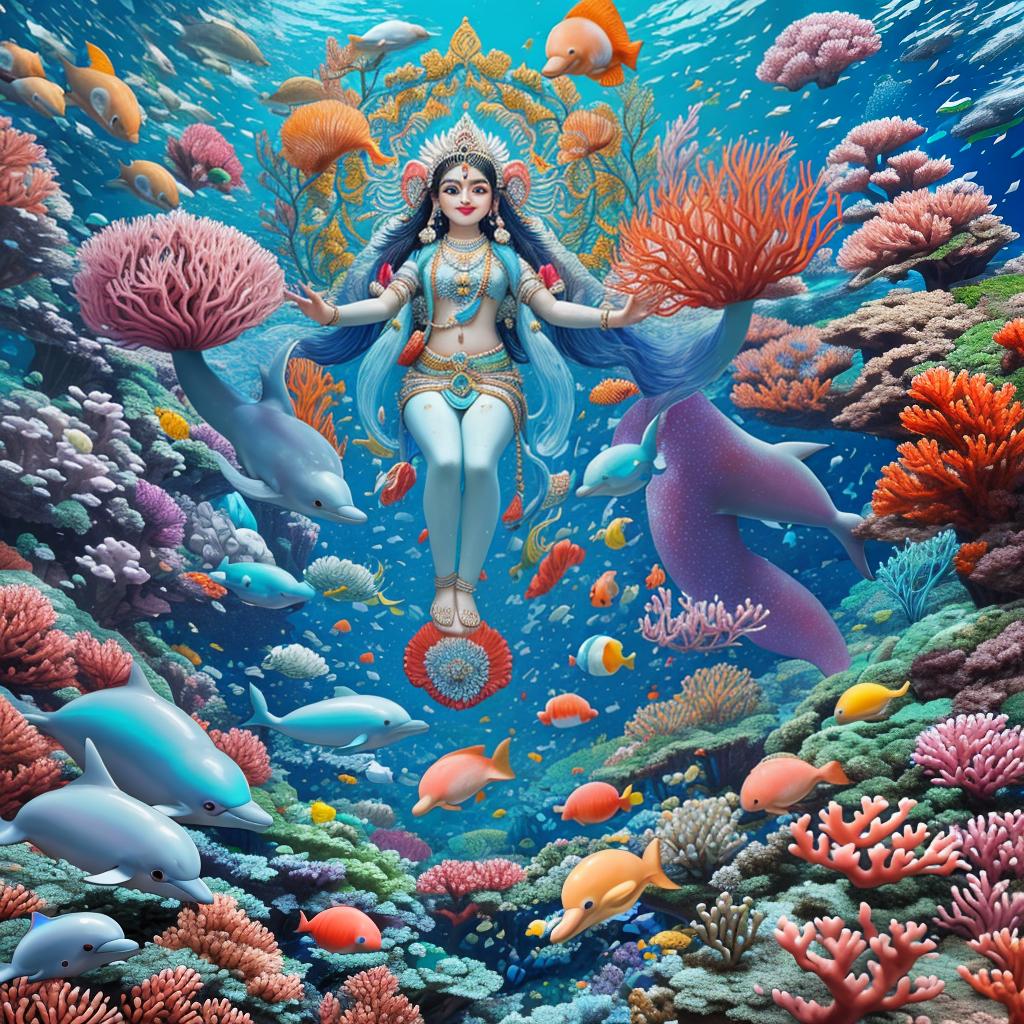  masterpiece, best quality, Most Beautiful Shree ram with family, full of corals, acrophore, small fishes, anemones, dolphin, various algaes, caves, colorful,all captured in stunning 8k resolution with intricate details.