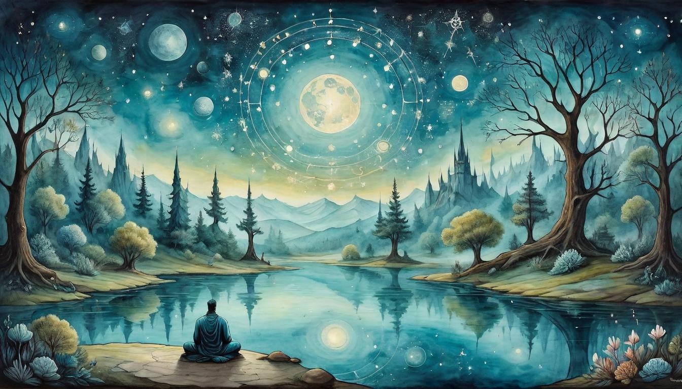  on parchment, surrealism+++, A tranquil pond reflects a constellation, a figure in meditation at its edge, cosmic whispers, submerged insights, spiritual fortification(mysterious, provocative, symbolic,muted color)+++