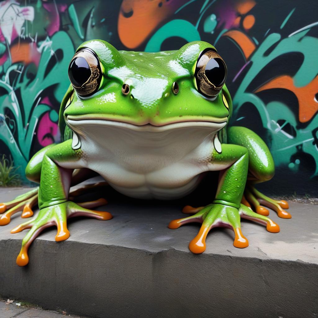  graffiti style green frog with emerald eyes. . street art, vibrant, urban, detailed, tag, mural hyperrealistic, full body, detailed clothing, highly detailed, cinematic lighting, stunningly beautiful, intricate, sharp focus, f/1. 8, 85mm, (centered image composition), (professionally color graded), ((bright soft diffused light)), volumetric fog, trending on instagram, trending on tumblr, HDR 4K, 8K