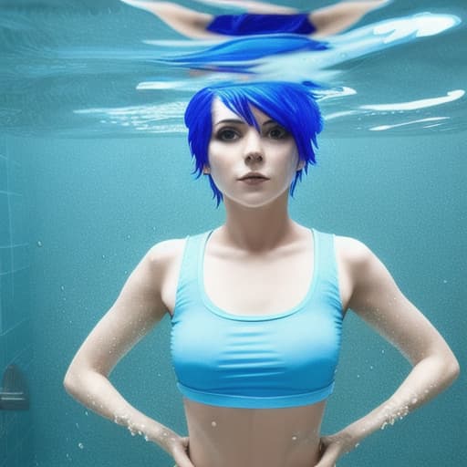  woman under water with short blue hair no reaction t-shirt and pant