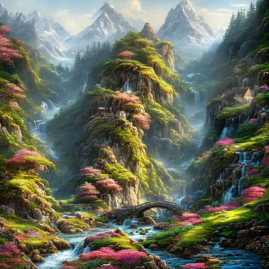  A masterpiece of a watercolor painting depicting a scenic landscape (mountains and water) with beautiful flowers and birds. The artwork showcases incredible attention to detail, with an ultra-detailed depiction of a small bridge over flowing water near a traditional countryside home. The artist's style is reminiscent of traditional Chinese ink paintings. You can find this artwork on the artist's website in the highest quality, with an 8k resolution. The colors are vibrant, and the lighting captures the serene atmosphere of the scene. hyperrealistic, full body, detailed clothing, highly detailed, cinematic lighting, stunningly beautiful, intricate, sharp focus, f/1. 8, 85mm, (centered image composition), (professionally color graded), ((bright soft diffused light)), volumetric fog, trending on instagram, trending on tumblr, HDR 4K, 8K