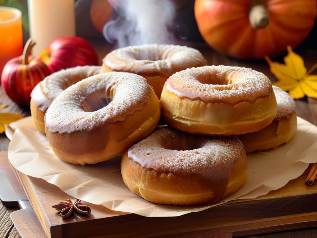  A closeup, ultradetailed image of freshly baked apple cider donuts coated in a cinnamon sugar glaze, with steam rising from their warm surface. The donuts are arranged on a rustic wooden table, surrounded by fallthemed decorations like pumpkins, colorful leaves, and a steaming cup of apple cider. The sunlight filters through a nearby window, casting a soft, warm glow on the scene, highlighting the delicious textures and autumnal colors of the treats. hyperrealistic, full body, detailed clothing, highly detailed, cinematic lighting, stunningly beautiful, intricate, sharp focus, f/1. 8, 85mm, (centered image composition), (professionally color graded), ((bright soft diffused light)), volumetric fog, trending on instagram, trending on tumblr, HDR 4K, 8K