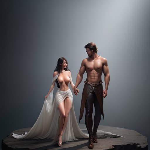  A naked woman with a naked man hyperrealistic, full body, detailed clothing, highly detailed, cinematic lighting, stunningly beautiful, intricate, sharp focus, f/1. 8, 85mm, (centered image composition), (professionally color graded), ((bright soft diffused light)), volumetric fog, trending on instagram, trending on tumblr, HDR 4K, 8K