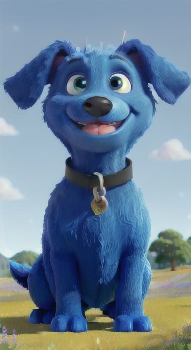  {A happy, big blue dog wagging its tail in a colorful meadow, The big blue dog is large with sky blue fur, big round eyes, a black nose, and floppy ears.