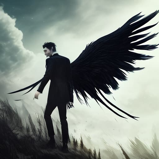 dublex style A handsome male vampire with long flowing black feathered wings protruding from his back. Hyper-realistic, vivid, award winning image, Artstation trending, insanely detailed, masterpiece.