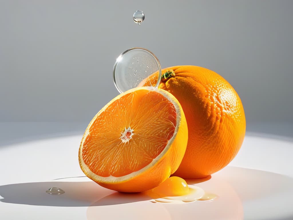  An ultradetailed closeup image of a ripe, vibrant orange being sliced open, showcasing the juicy, pulpy interior and glistening droplets of citrus oil, set against a stark white background to emphasize the freshness and premium quality of the orange extract. hyperrealistic, full body, detailed clothing, highly detailed, cinematic lighting, stunningly beautiful, intricate, sharp focus, f/1. 8, 85mm, (centered image composition), (professionally color graded), ((bright soft diffused light)), volumetric fog, trending on instagram, trending on tumblr, HDR 4K, 8K