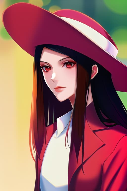  (adult:1.4), red "carmine" trench coat, a matching fedora though often portrayed similar to a sombrero cordobés , and long brown hair, masterpiece, (detailed face), (detailed clothes), f/1.4, ISO 200, 1/160s, 4K, unedited, symmetrical balance, in-frame, masterpiece, perfect lighting, (beautiful face), (detailed face), (detailed clothes), 1 girl, (woman), 4K, ultrarealistic, unedited, symmetrical balance, in-frame