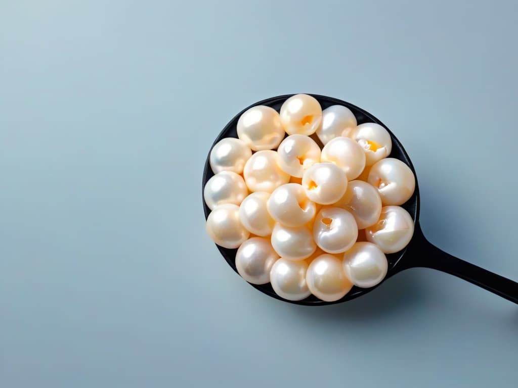  A closeup, ultradetailed image of a single perfectly cooked, translucent tapioca pearl resting on a sleek, matte black spoon. The pearl glistens under a soft, diffused light, showcasing its chewy texture and delicate appearance. The simplicity of the composition highlights the beauty and quality of the tapioca pearl, inviting the viewer to explore the world of authentic Asian desserts. hyperrealistic, full body, detailed clothing, highly detailed, cinematic lighting, stunningly beautiful, intricate, sharp focus, f/1. 8, 85mm, (centered image composition), (professionally color graded), ((bright soft diffused light)), volumetric fog, trending on instagram, trending on tumblr, HDR 4K, 8K