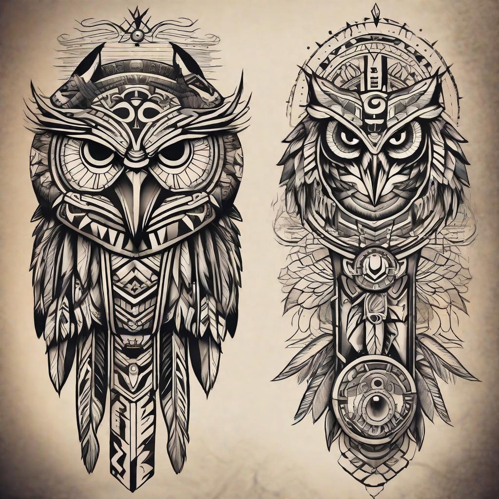  masterpiece, best quality, Half leg sleeve tattoo design themed on Native American folklore. To include a thunderbird and a totem pole with one of the totems being an owl