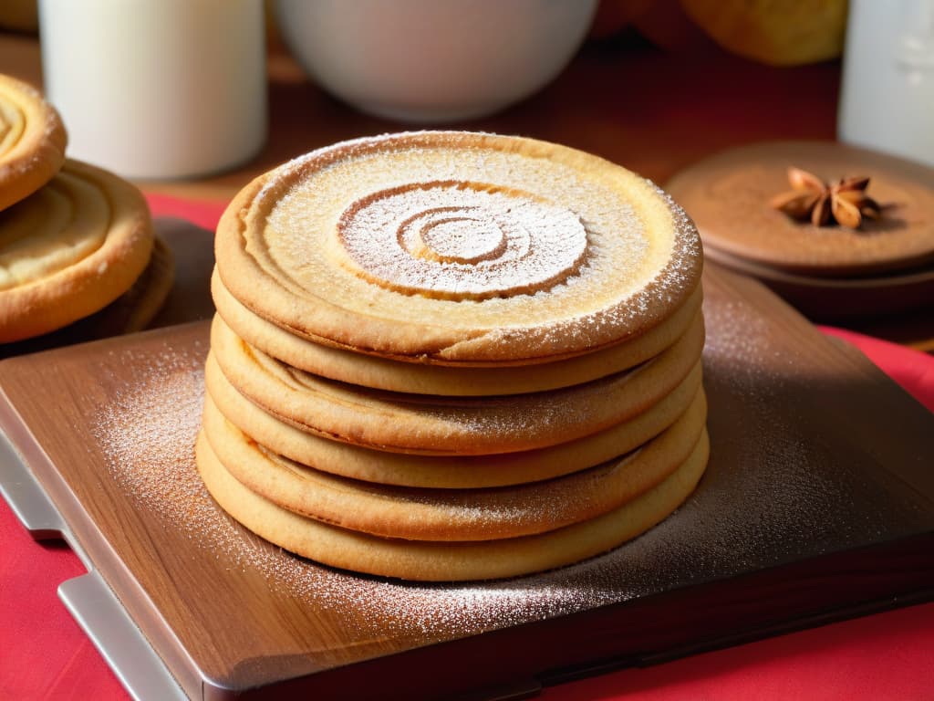  A closeup, highresolution image of a stack of freshly baked spiced butter cookies arranged on a rustic wooden serving board, with a sprinkle of cinnamon powder and a few whole cloves scattered around. The cookies are golden brown, perfectly round, and have a delicate dusting of powdered sugar on top. The background is a softfocused kitchen setting with warm natural light streaming in, casting a gentle shadow of the cookies on the wooden surface. The image captures the textures, colors, and inviting aroma of these festive holiday treats, evoking a sense of warmth and comfort. hyperrealistic, full body, detailed clothing, highly detailed, cinematic lighting, stunningly beautiful, intricate, sharp focus, f/1. 8, 85mm, (centered image composition), (professionally color graded), ((bright soft diffused light)), volumetric fog, trending on instagram, trending on tumblr, HDR 4K, 8K