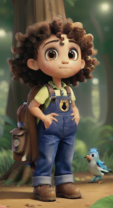  {The tree with a twinkling eye, while its leaves gently rustle., Riley, a curious with big brown eyes and curly hair, wearing overalls and carrying a small backpack. Their friend, Skye, a bluebird with shiny feathers.