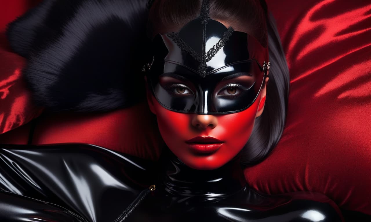   in a shiny black mask covering her entire face and head to the neck. The painted eyes are visible. She is lying on a red bed, wearing long black shiny gloves, high black shiny stiletto boots. (masterpiece, high quality, texture mapping: 1.3), double exposure. portrait, with cute face, beautiful face, realistic shades, Perfect face, fine details, open mouth, crisp white teeth, wide eyebrows, realistic shaded lighting by Ilya Kuvshinov Giuseppe Dangelico Pino and Michael Garmash and Rob Rey, IAMAG premiere, WLOP matte print , masterpiece, romantic, magnificent, Bright full makeup. epic, magnificent, masterpiece, sharp focus, depth of field, unreal engine, perfect composition, digital art on pixiv, artstation, 8k, HDRA. hyperrealistic, full body, detailed clothing, highly detailed, cinematic lighting, stunningly beautiful, intricate, sharp focus, f/1. 8, 85mm, (centered image composition), (professionally color graded), ((bright soft diffused light)), volumetric fog, trending on instagram, trending on tumblr, HDR 4K, 8K