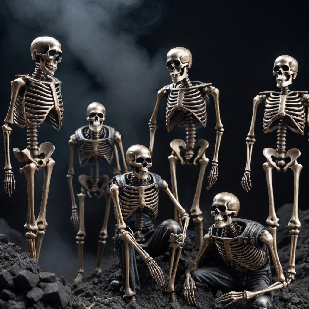  Revisualize the image of a group of coal miners portrayed as skeletons. hyperrealistic, full body, detailed clothing, highly detailed, cinematic lighting, stunningly beautiful, intricate, sharp focus, f/1. 8, 85mm, (centered image composition), (professionally color graded), ((bright soft diffused light)), volumetric fog, trending on instagram, trending on tumblr, HDR 4K, 8K