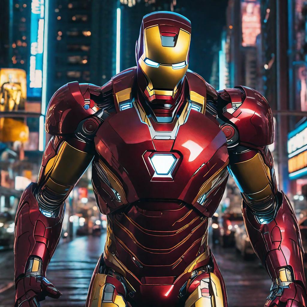  masterpiece, best quality, Best quality, masterpiece, 8k resolution, realistic, highly detailed, close up of Iron Man. In a cyberpunk-style night scene of the city, he stands on a street lined with tall buildings. The city's night lights are bright, The surrounding buildings and streets are filled with cyberpunk elements such as neon lights, high-tech devices, and futuristic architectural designs.