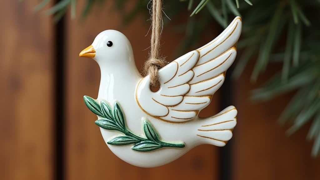  good quality, high quality, a hand painted ceramic ornament of a dove with an olive branch, symbolizing peace, hanging against a wooden backdrop. no people.