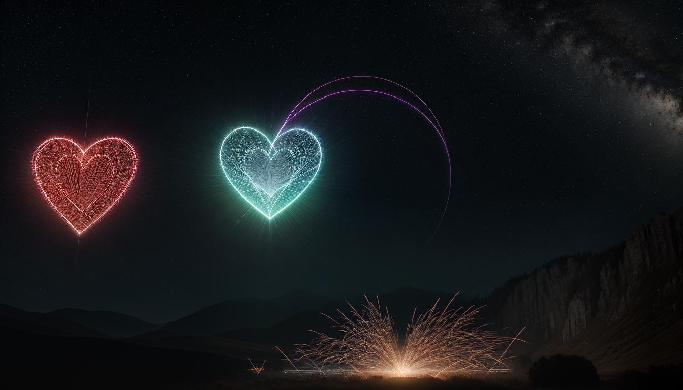  cinematic, aesthetic, A heart shape surrounded by smaller glowing hearts, radiating energy, interconnected lines, bright center, delicate outline, warm colors, representing interconnectedness and energy renewal, 4k, HDR, lens flare