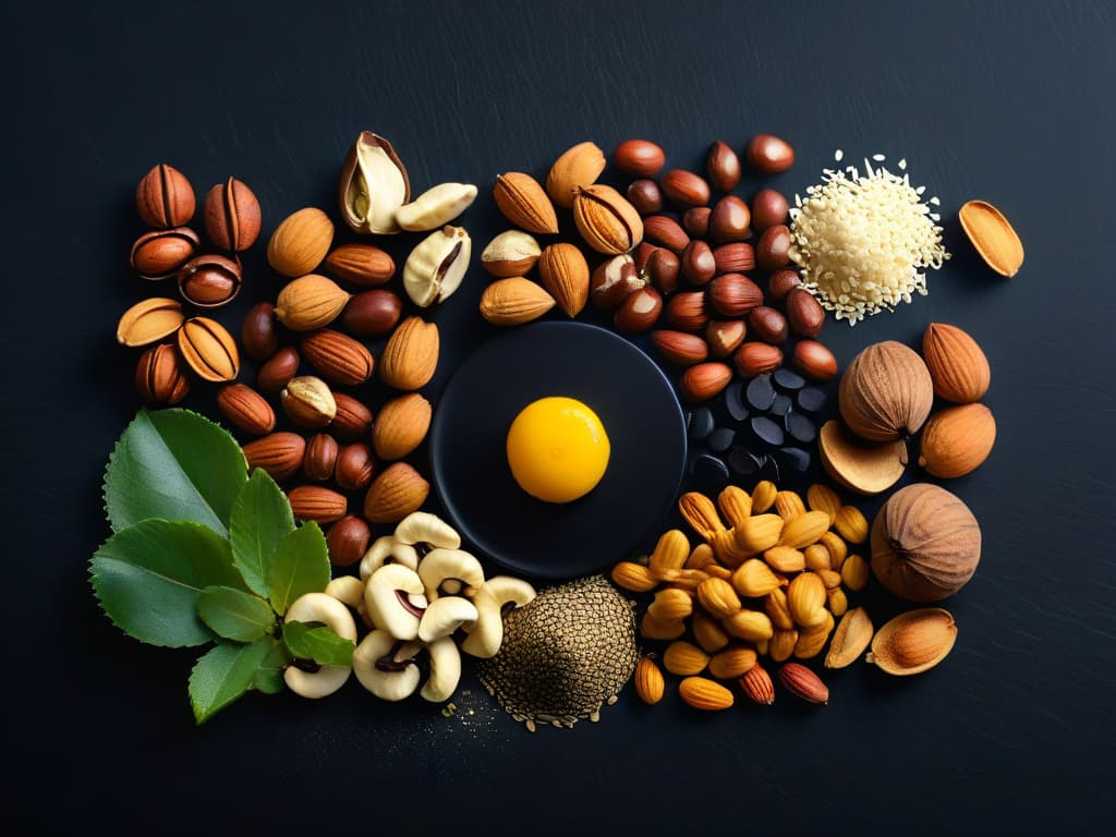  A closeup, ultradetailed image of a variety of nuts and seeds arranged in a symmetrical pattern on a sleek, matte black surface. Each nut and seed is perfectly positioned to showcase its unique texture and shape, creating a visually striking and minimalist composition that exudes elegance and sophistication. The natural lighting highlights the intricate details of each ingredient, emphasizing the beauty and importance of nuts and seeds in glutenfree baking. hyperrealistic, full body, detailed clothing, highly detailed, cinematic lighting, stunningly beautiful, intricate, sharp focus, f/1. 8, 85mm, (centered image composition), (professionally color graded), ((bright soft diffused light)), volumetric fog, trending on instagram, trending on tumblr, HDR 4K, 8K