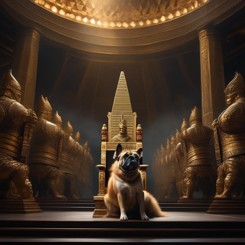  The emperor's dog sits on a throne at the top of a pyramid surrounded by about a thousand people. hyperrealistic, full body, detailed clothing, highly detailed, cinematic lighting, stunningly beautiful, intricate, sharp focus, f/1. 8, 85mm, (centered image composition), (professionally color graded), ((bright soft diffused light)), volumetric fog, trending on instagram, trending on tumblr, HDR 4K, 8K