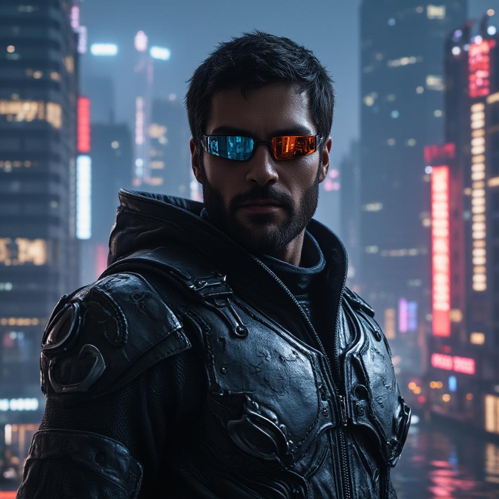  detail, photo, cinscene, dreamwalking “a bounty hunter with a rugged, cybernetic look, including a high tech visor and armored clothing. the avatar should have a confident stance and a cityscape background with neon lights and towering skyscrapers.