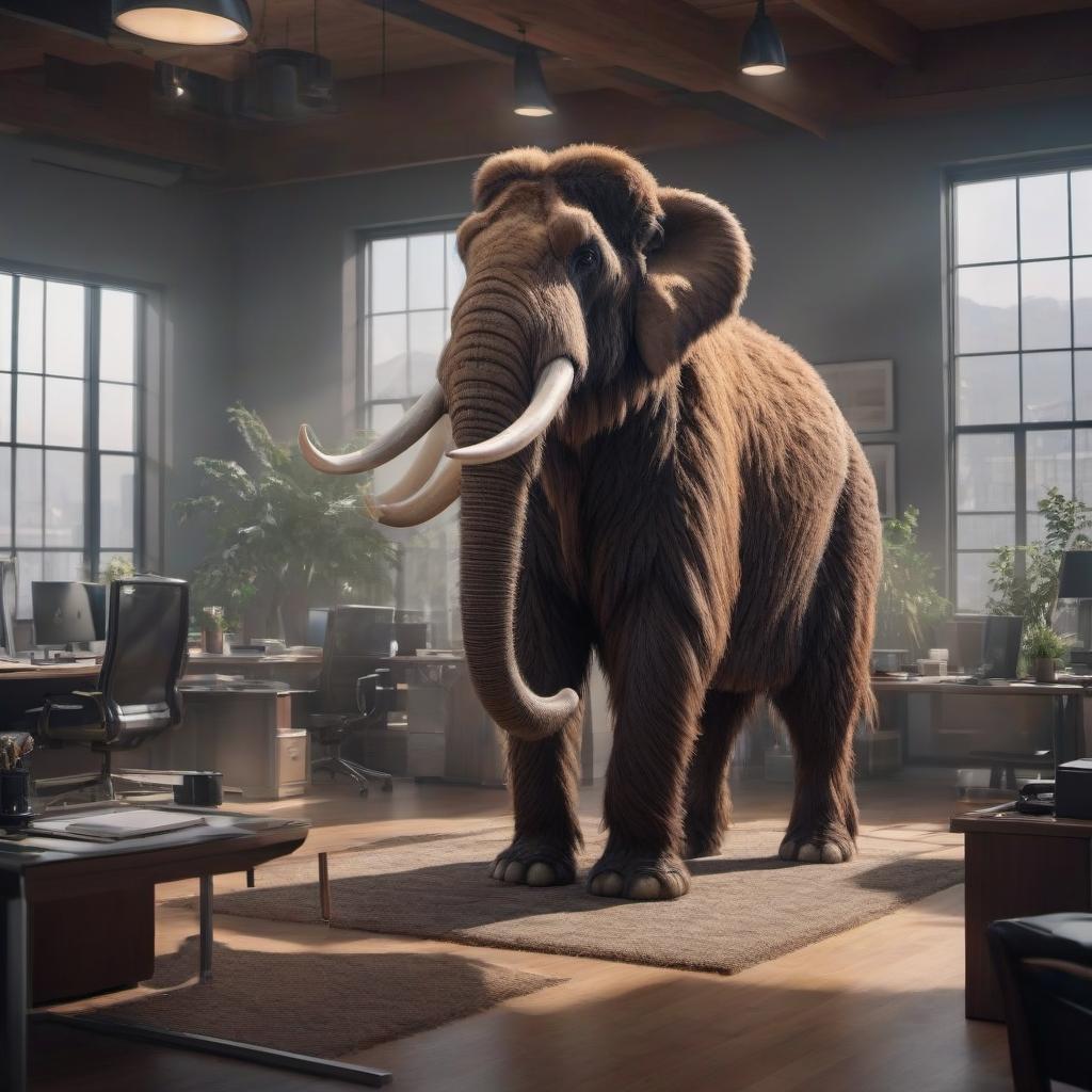  Mammoth in an office suit. hyperrealistic, full body, detailed clothing, highly detailed, cinematic lighting, stunningly beautiful, intricate, sharp focus, f/1. 8, 85mm, (centered image composition), (professionally color graded), ((bright soft diffused light)), volumetric fog, trending on instagram, trending on tumblr, HDR 4K, 8K