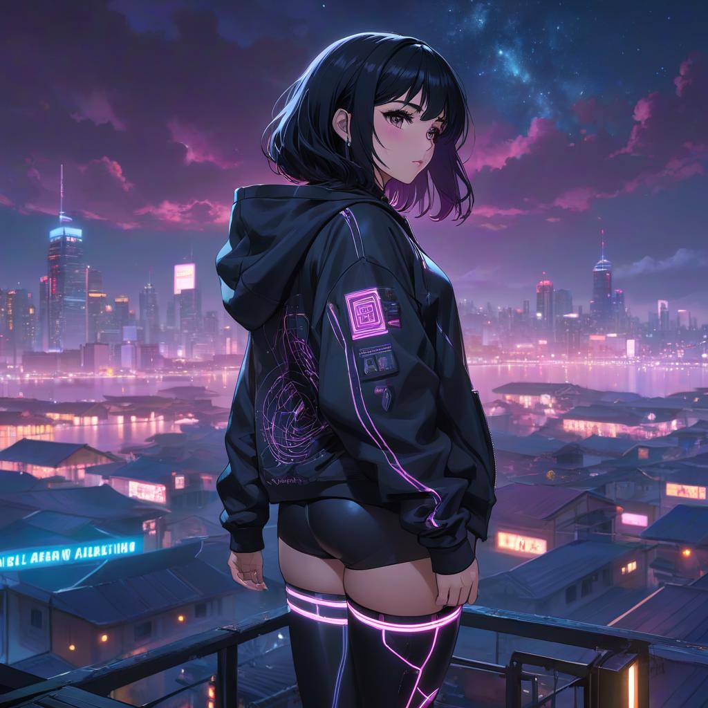  a girl wearing hoodie and leggins, black hair, cyberpunk, neon, night sky in background, doki doki literature club, 24k, looking towards the horizon, vhs overlay, by Ye Xin, poggers, 20k, y hyperrealistic, full body, detailed clothing, highly detailed, cinematic lighting, stunningly beautiful, intricate, sharp focus, f/1. 8, 85mm, (centered image composition), (professionally color graded), ((bright soft diffused light)), volumetric fog, trending on instagram, trending on tumblr, HDR 4K, 8K