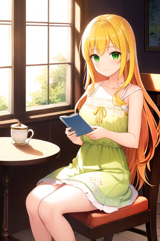  (Beautiful young woman holding book in café sitting in chair:1.0),(long chestnut hair over shoulders:1.0),(flowing knee-high sundress with floral pattern:1.0),(slim fit body:1.0),(cozy and inviting café atmosphere:1.1), (drinking tea), (soft sunlight streaming through the windows:1.2), (charming and peaceful ambiance:1.0),(soft rustling of pages turning:1.0), sandals, dreamy eyes, (best quality:1.1),  (volumetric lighting:1.1), depth of field, , intricate, refined, digital painting, pixiv fanbox, (by Pascal Campion:1.0), (by Jenny Yu:1.0), (by WLOP:1.0), hands,, (( Girl )), (( lovely eyes )), (( green eyes )), (( yellow hair )), (( fully-clothed attire ))