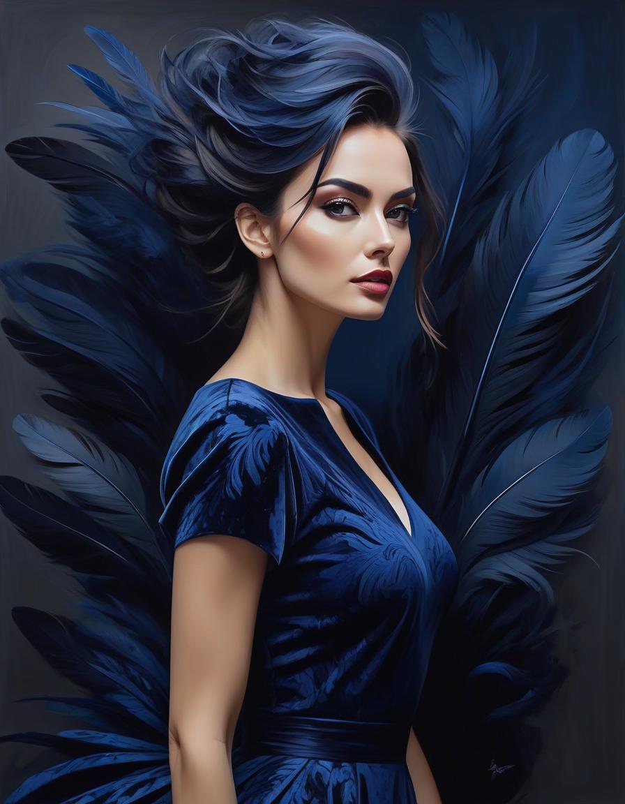  abstract expressionist painting Portrait of a beautiful girl in a dark blue velvet Lorrain dress, on beautiful hair adorned with soft feathers of dark blue colour . energetic brushwork, bold colors, abstract forms, expressive, emotional hyperrealistic, full body, detailed clothing, highly detailed, cinematic lighting, stunningly beautiful, intricate, sharp focus, f/1. 8, 85mm, (centered image composition), (professionally color graded), ((bright soft diffused light)), volumetric fog, trending on instagram, trending on tumblr, HDR 4K, 8K