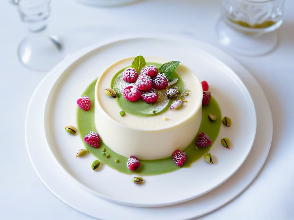  An intricately decorated vegan almond milk panna cotta, topped with a vibrant raspberry coulis swirl, delicate mint leaves, and a sprinkle of crushed pistachios, all presented on a sleek, modern white dessert plate. The panna cotta is perfectly set, with a smooth, glossy surface reflecting the soft lighting in the room, showcasing the meticulous attention to detail in both flavor and presentation. hyperrealistic, full body, detailed clothing, highly detailed, cinematic lighting, stunningly beautiful, intricate, sharp focus, f/1. 8, 85mm, (centered image composition), (professionally color graded), ((bright soft diffused light)), volumetric fog, trending on instagram, trending on tumblr, HDR 4K, 8K