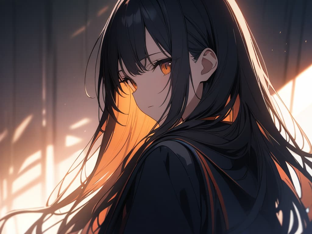  Colorful, (Masterpiece: 1.2), (Best Quality: 1.2), Detailed Background, High Contrast , ((Cinematic Light)), Hyper Detail, Dramatic Light, Intricate Details, 8k, Anime, Very Aesthetic,, black hair, long hair, orange, orange balladres, masterpiece, best quality,8k,ultra detailed,high resolution,an extremely delicate and beautiful,hyper detail