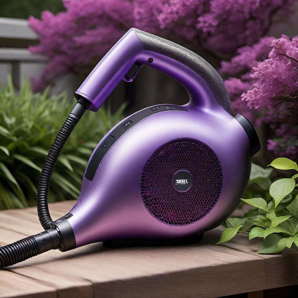  Create an image visualizing the hypothetical noise-cancelling device for the 'STEALTH 9000' silent leaf blower, following a sleek and futuristic design. The image should showcase the device with microphones, control circuitry, speakers, and sound insulation that adhere to the silver and purple color scheme of the 'STEALTH 9000' brand. The microphones should appear as small, discreet sensors, while the speakers are integrated into the design without being obtrusive. Include status indicator lights that illuminate in purple to indicate the noise cancellation is active. Ensure the visual design is consistent with the blower, showcasing a robust and weather-resistant appearance suitable for outdoor use. hyperrealistic, full body, detailed clothing, highly detailed, cinematic lighting, stunningly beautiful, intricate, sharp focus, f/1. 8, 85mm, (centered image composition), (professionally color graded), ((bright soft diffused light)), volumetric fog, trending on instagram, trending on tumblr, HDR 4K, 8K